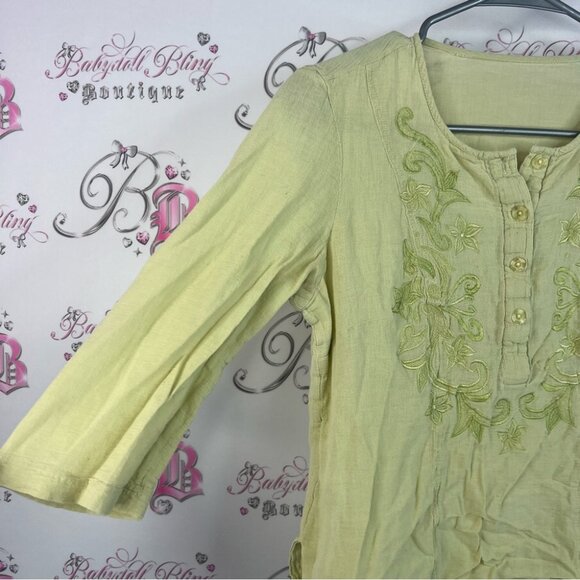 Long sleeve shirt Embroidered Green Top floral flowers paisley button down - Picture 3 of 11